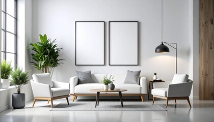 Modern minimalist living room interior with blank frames ready for your artwork or inspiring message