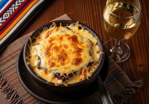 Chilean pastel de jaiba a traditional crab pie with melted cheese served with white wine