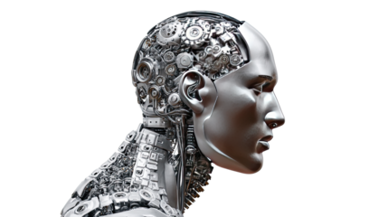 Futuristic Artificial Intelligence: A detailed robotic head profile, showcasing intricate mechanical components, symbolizing advanced technology, innovation, and the future of AI.