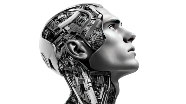 Technological Humanoid Portrait: A detailed portrait of a futuristic humanoid figure, merging human form with intricate technological components.