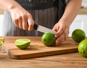 Fresh limes, whole and sliced, showcasing their bright color and refreshing texture ideal for food photography, healthy eating campaigns,or cocktail concepts.A collection of ripe limes, cutting, slice