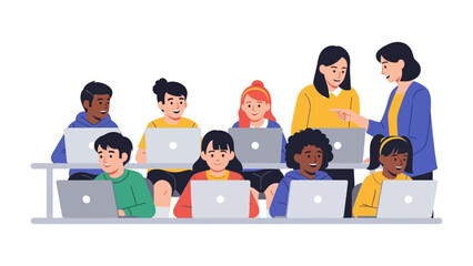 Kids and Educator in Lesson: A scene of digital age education where children and a teacher collaborate together in a class and engaged in a lesson
