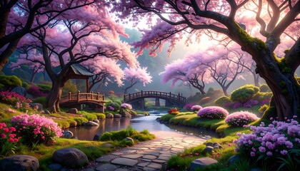 Serene Japanese Garden Path with Cherry Blossoms and Bridge.