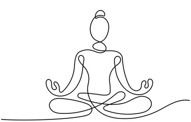 Continuous line drawing of a woman practicing yoga and meditation.Fitness and gym concept.Abstract minimalist style.Single line art meditation and yoga isolated on a white background.