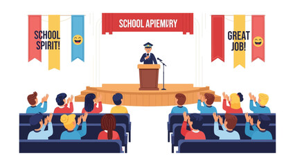 School assembly: A vibrant illustration captures the essence of a school assembly, featuring a speaker addressing an audience of students in a lively and engaging scene.