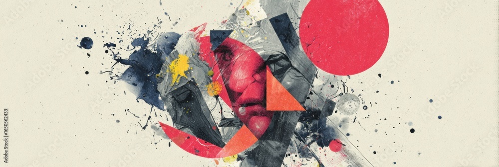 Poster abstract art blending human features with bold colors and shapes creating a dynamic visual compositi