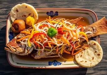 Jamaican escovitch fried fish with spicy pickled vegetables habanero peppers and johnny cakes