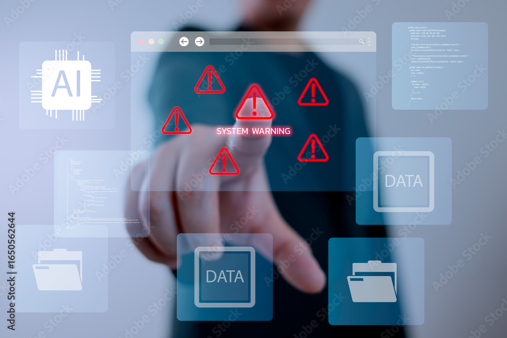 Poster system warning alert, cybersecurity risk and ai data breach in digital environment