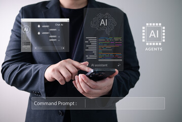 Businessman using mobile phone with virtual AI assistant interface and chatbot window, representing artificial intelligence integration in communication and command-driven systems.