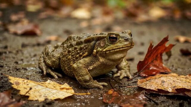 American Toad Sits Still Among Fallen Leaves in Autumn Forest Habitat Video