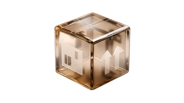 3D sealed box with fragile and arrow icons, transparent background,