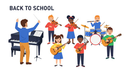 Back to School Music Class: A vibrant illustration of a music class, featuring students of diverse ethnicities and a conductor, filled with the joy of learning and playing various instruments.