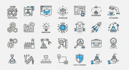 Engineering design process icons set for prototyping, 3d modeling, innovation, quality assurance and scanning