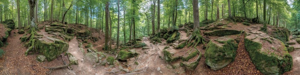 Fototapeta premium Lush forest with rocky terrain and moss-covered boulders