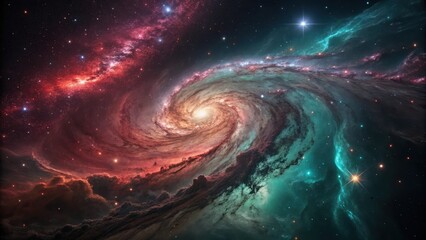 Vibrant spiral galaxy ablaze with cosmic nebulae and distant stars, a celestial spectacle of creation.