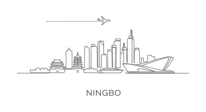 Ningbo Skyline with China, Line Art, and Minimal.