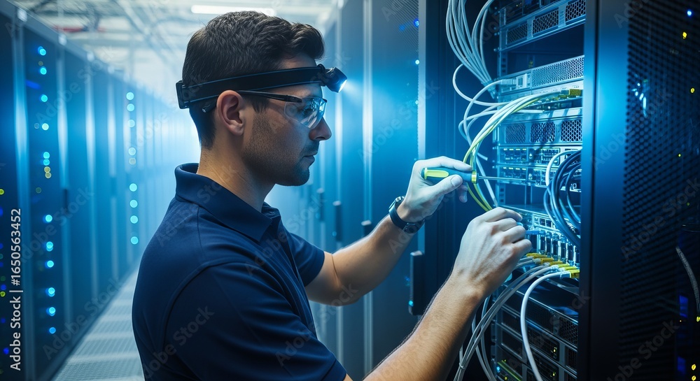 Aufkleber a male engineer wearing glasses and a headlamp is working with cables in a data center setting with 
