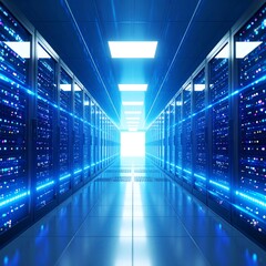 Fototapeta premium Brightly lit server room with rows of racks and glowing blue lines
