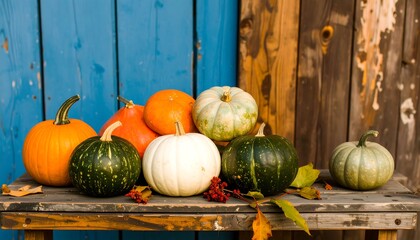 Autumnal still life of assorted pumpkins and gourds on rustic wooden surface