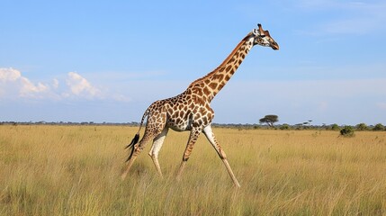 Fototapeta premium A lone giraffe walking across the savanna nature scene scenic landscape open grasslands wide-angle view solitude in the wild