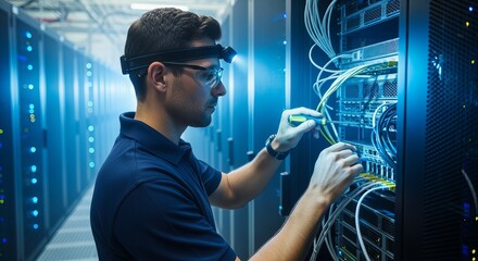 A male engineer wearing glasses and a headlamp is working with cables in a data center setting with server racks.