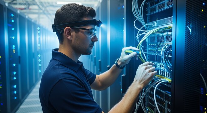 A male engineer wearing glasses and a headlamp is working with cables in a data center setting with server racks.
