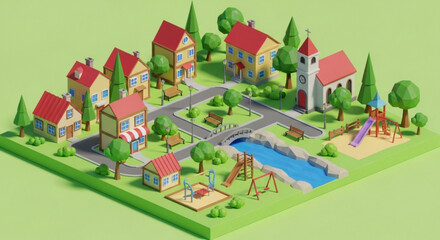 Isometric low poly cartoon town vector illustration for game design and urban planning visualizations
