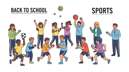 Back to School Sports: A vibrant illustration captures the excitement of returning to school, showcasing a diverse group of kids engaged in various sports.