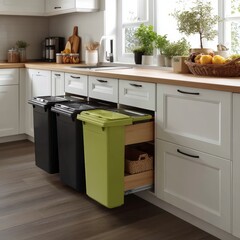 Hidden garbage bins in stylish modern kitchen
