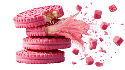 Delicious Explosion: A captivating studio shot revealing a stack of vibrant pink sandwich cookies exploding. Fragments of the cookies and a burst of delicious cream fill the frame.