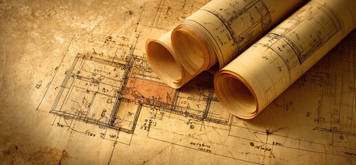 Vintage architectural blueprints rolled up on aged paper