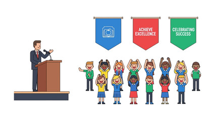 Achieving Excellence Speech: A motivational speaker stands tall at a podium, addressing an excited audience celebrating success, highlighting the importance of achieving excellence. 