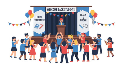 Back to School Assembly: An animated illustration depicts a vibrant school assembly welcoming students back, filled with cheerful energy and the promise of learning.