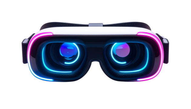3D VR goggles with neon glowing edges, isolated on transparent background.