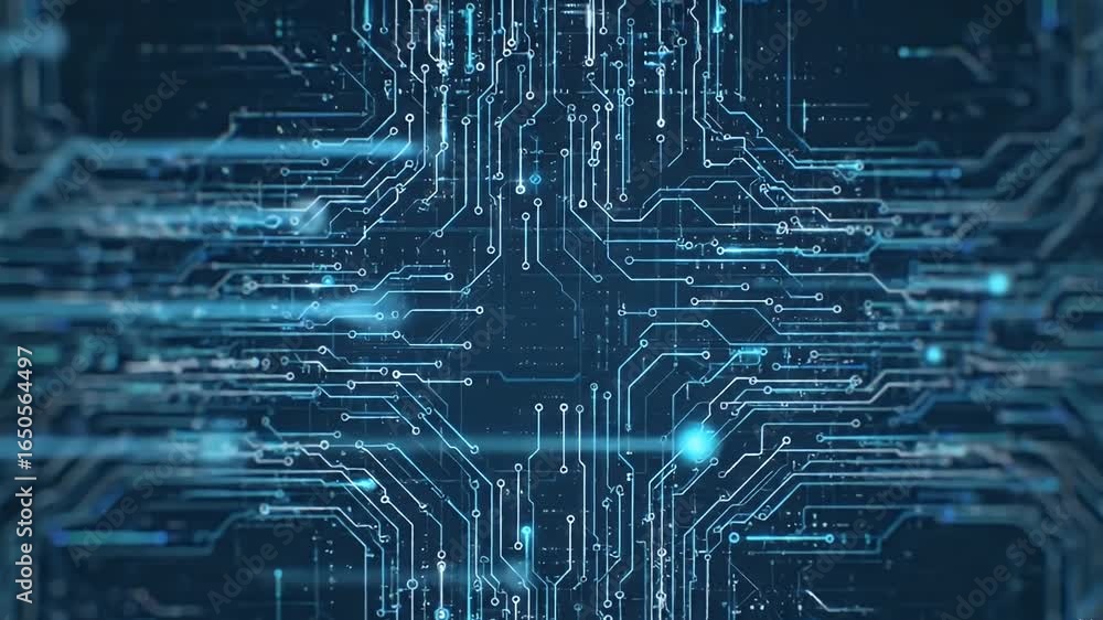 Poster a blue circuit board with lines connections and small nodes giving a hightech interconnected network