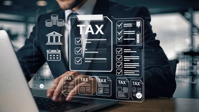 Businessman working with futuristic digital tax checklist interface, symbolizing accounting, finance, and compliance technology - Powered by Adobe