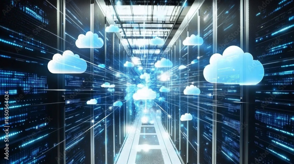 Poster exploring advanced server technologies modern server room data center high-tech environment digital 