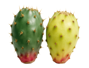 A pair of fresh raw prickly pear fruits, showing unripe green and ripe yellow stages with sharp spines, Isolated on Transparent and White Background