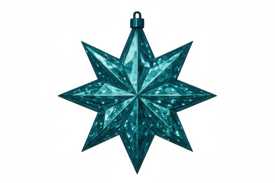 Teal eight-pointed christmas star ornament shining with embedded glitter particles on a transparent background