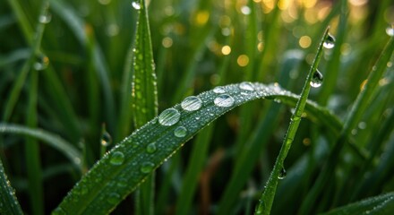 Close-up of green grass blades with dew drops in morning sunlight on fresh lush grass in a natural outdoor setting with soft blurred background and sparkling dew beads on leaves