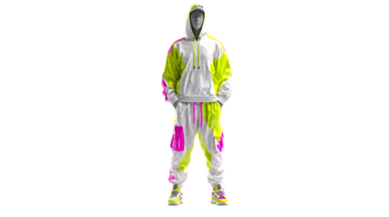 3D streetwear outfit on a digital mannequin with neon outline, white background