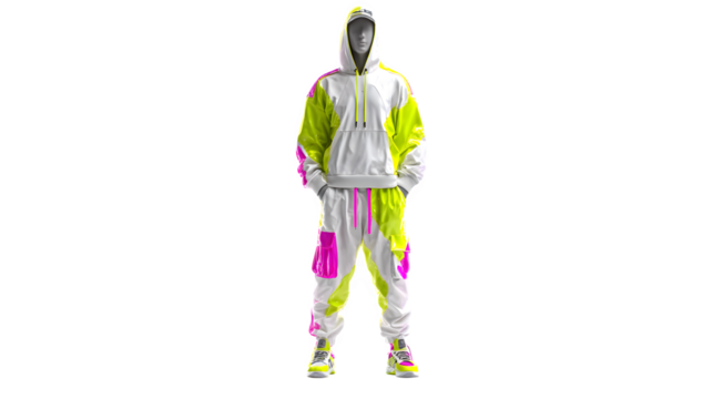 3D streetwear outfit on a digital mannequin with neon outline, white background