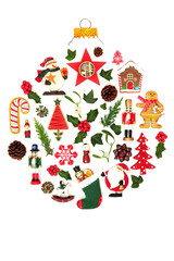 Christmas tree concept ball shape decoration with retro baubles and flora on white. Festive old fashioned symbol for holiday season for greeting card, logo, gift tag.