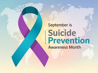 Teal and purple ribbon signifies september suicide prevention awareness month with a subtle world map background