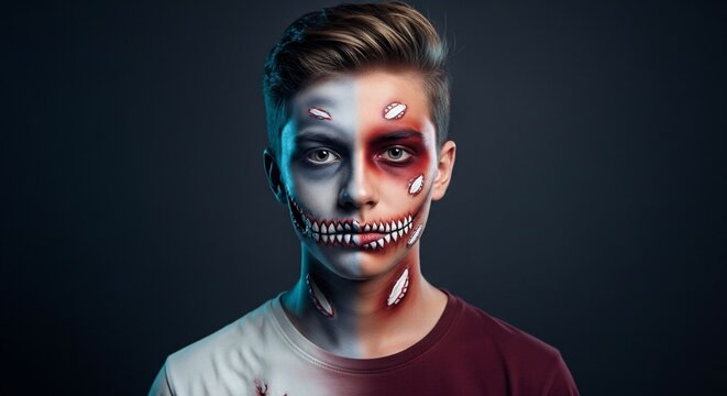 Young man with striking half-face zombie makeup and dramatic lighting for Halloween or horror themes
