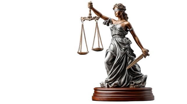 Statue of Justice: A striking statue of Lady Justice, an iconic figure representing fairness and legal integrity, holding balanced scales and a sword, symbolizing the principles of justice and law.