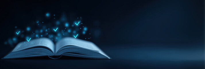 Open book emits glowing checkmarks representing compliance and quality standards.