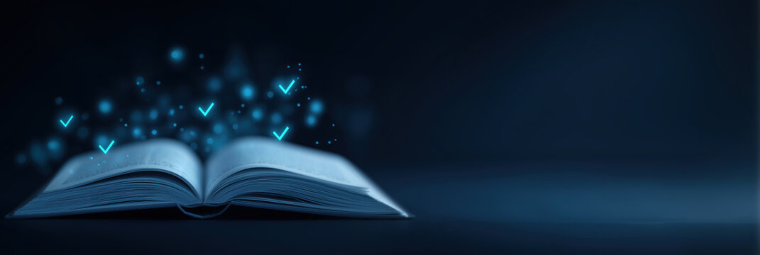 Open book emits glowing checkmarks representing compliance and quality standards.