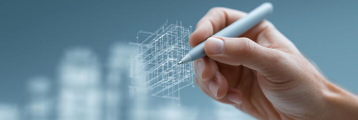 Designer's hand sketches three-dimensional architectural blueprint with precise geometric details.
