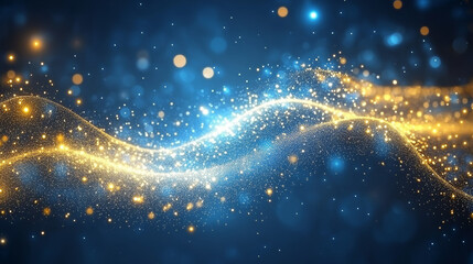 Abstract digital artwork of gold and blue particles flowing in waves against a dark background